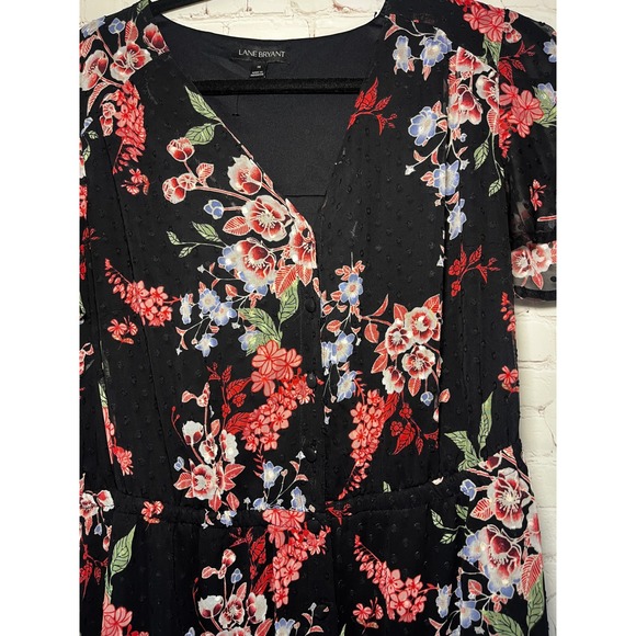 Lane Bryant Black Floral Swiss Dot Flutter Sleeve Button Front Midi Dress 14 - Picture 3 of 7